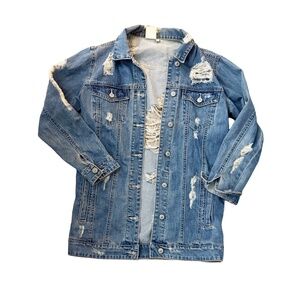 Redial Denim 100% Cotton distressed denim oversized longline jacket medium wash